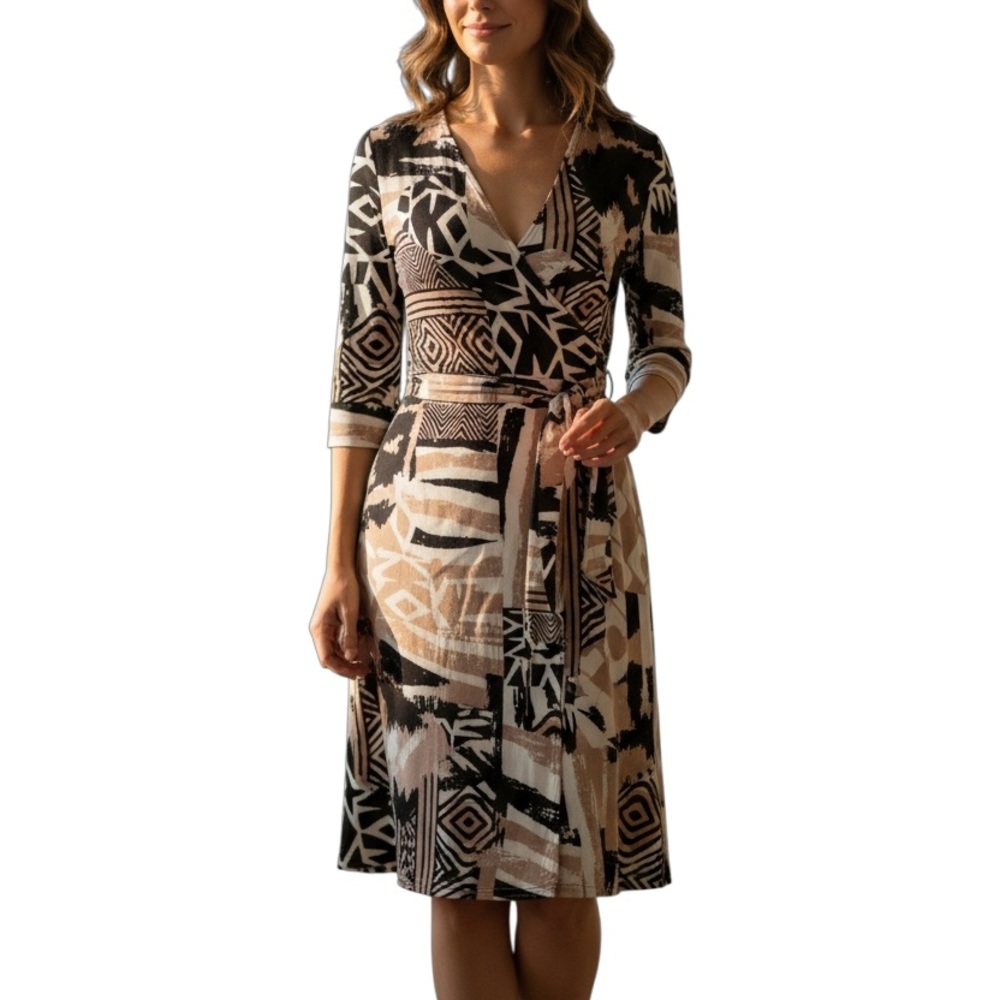 Diane Von Furstenberg  DVF size 12 Abstract Print Midi Dress - Black, White, Tan